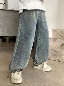 SHEIN Jeans holgados con bolsillos sesgados desgastados para niño preadolescente de uso diario informal - Azul lavado oscuro - Ver 5