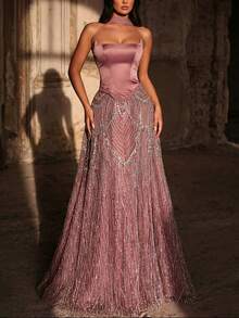 Glamrae 优雅奢华的珍珠亮片拼接缎面无肩带巴斯克式低腰超A字裙，配有可调节系带（可拆卸垂坠亮片装饰），适合约会、婚礼、正式活动、晚宴等场合。 - 淺灰紫 - 查看 3