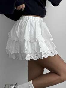 DAZY French Lace A-Line High Waist Women Skirt - White - View 9