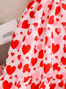 Elladie kids Valentine's Day  Girls' Elegant Red Heart Print Round Neck Puff Sleeve Hollow Back Bow Decor Waist Ruffle Hem Casual Dress, Suitable For Vacation, Travel, Summer, Valentine's Day Red Dress Little Girl Party Dress Girls Valentine Dress Toddler Heart Print Dress Kids Ruffle Short Sleeve Dress Girl Bow Dress Heart Print Dress Girl Cute Dress For Girls Fuffle Strap Dress Girls Valentines Dress Ruffle Dress Girl Heart Print Dress Casual Dress For Girl - Red - View 6