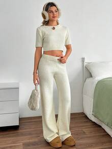 EURMUSE Cream Textured Knit Crop Top & Midi Skirt Two Pieces Set - Apricot - View 5