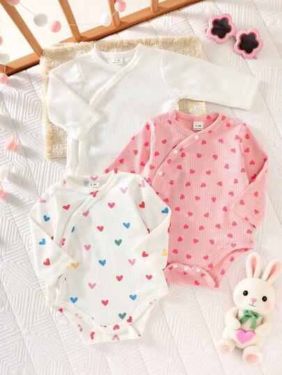 SHEIN Newborn Baby Girls/Boys Heart Print Crossover Collar Comfortable Cute Fun Elegant Minimalist Fashion Soft Long Sleeve Bodysuit Outfit Set Baby Girl Clothes Pink Baby Clothes Multipack Baby Girl Clothes Hearts Heart Print Baby Clothes