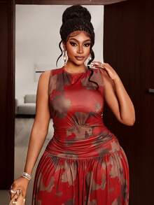 Maweii 大码女式派对连衣裙，红棕色抽象印花，无袖，褶皱腰部，开衩下摆，度假风长裙 - 紅色 - 查看 4