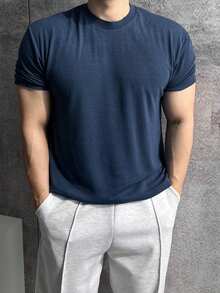 DAZY Men's Solid Crew Neck T-Shirt, Navy Blue, Summer - Navy Blue - View 3