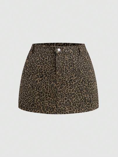SHEIN MOD Plus Size Women Leopard Print Casual Fashion Denim Mini Skirt Summer Holiday Spring Women Valentine For Women Carnival Costume Beach Skirt Party Skirt Birthday For Women Elegant Skirt For Ladies Vacation Women Casual Skirt Leopard Print Skirt Casual Style