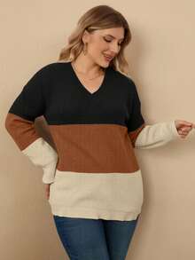 Rosumi Suéter de punto de parchwork y bloques de color talla grande, informal para otoño/invierno - Multicolor - Ver 4