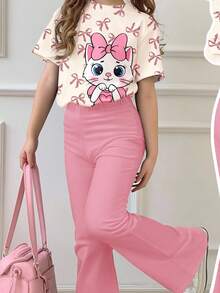 SHEIN 2pcs/Set Young Girl Cute Cartoon Cat&Leopard Bow Print Round Neck Short Sleeve Top&Flare Pants Set,Casual Comfortable Summer School Outfits,Holidays - Multicolor - View 6