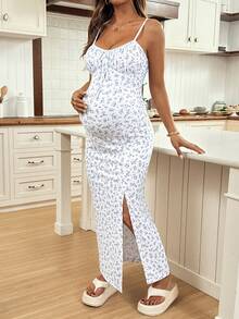 SHEIN Vestido de maternidad de verano casual con estampado floral y abertura en los tirantes - Azul y blanco - Ver 3