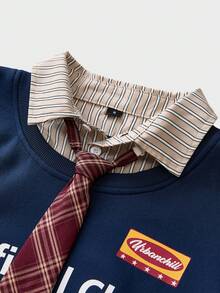 SWAVVY Men's Slogan Print Patchwork Plaid Shirt Collar Drop Shoulder Long Sleeve Casual Pullover Pullover Sweatshirt Navy Blue Sweatshirt Men Club Wear Retro Clothes Men Mens Blue Sweatshirt Club Wear Men Mens Retro Style Graphic Print Sweatshirt - Royal Blue - View 6