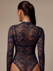 Silquee Women's Lace Sheer Sexy Stand Collar Long Sleeve Bodysuit - Navy Blue - View 5