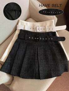 Franclia Petite Falda negra de otoño elegante de cintura alta con línea A y pliegues con cinturón & hebilla, falda escolar de lana, falda mini de moda para volver a la escuela, para mujeres de talla pequeña - Negro - Ver 5