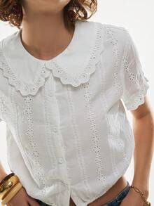 Poéselle Women's Cotton Mesh Embroidered Lace-Up Button Blouse,White Top,Cotton Shirt,Elegant Valentine, Vacation,Summer Tops,Spring/Summer Blouse Summer, White Cropped Blouse - White - View 3