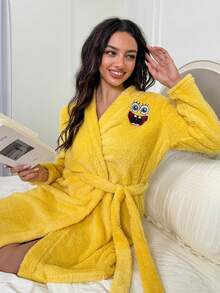 SpongeBob SquarePants | SHEIN Women's Yellow Coral Fleece Cute Cartoon Embroidered Teddy Fleece Belted Robe, Autumn/Winter, Fall Winter, Fluffy, Cozy - Yellow - View 5