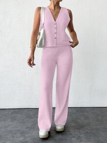 EURMUSE 2pcs Knitted Solid V-Neck Button Front Vest And Pants Sweater Set - Pink - View 3