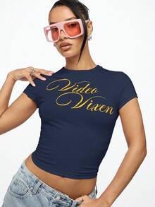 SUMWON WOMEN Video Vixen Graphic Baby Tee Crop Top Short Sleeve Cotton Casual Everyday Fitted Script Print Lettering - Navy Blue - View 6