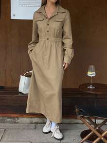 DAZY 实用风格翻领长袖衬衫裙，女士中长款连衣裙 - 卡其色 - 查看 5