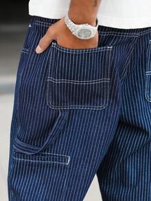 Manfinity Hypemode Men's Casual Street Style Embroidered Multi-Pocket Striped Blue Denim Jeans Mens Navy Blue Pinstripe Pants Baggy Cargo Jeans Men, Perfect Holiday Gift For Boyfriend & Husband