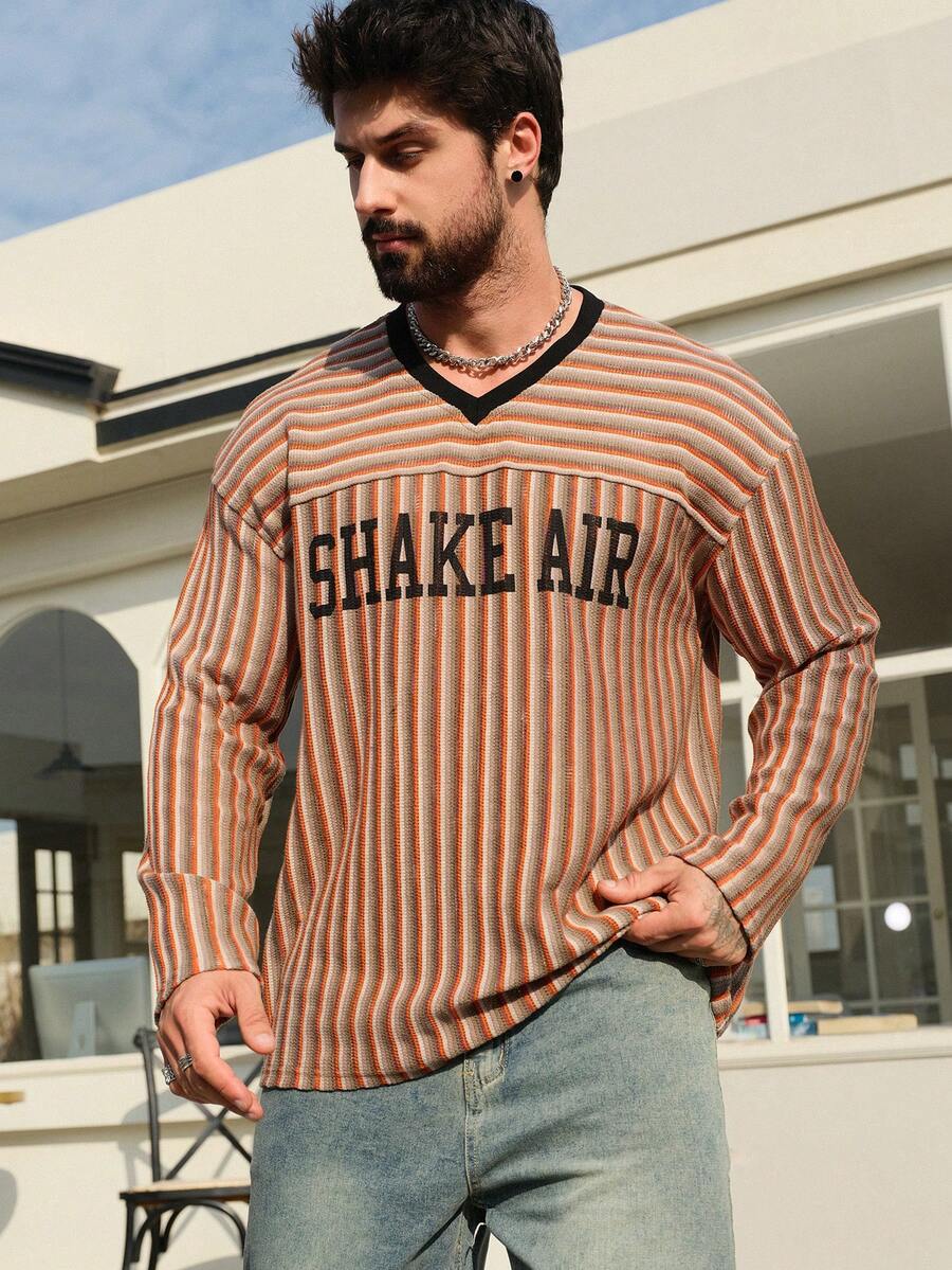 DAZY Men's Loose Fit Striped Mesh Fabric T-Shirt With Letter Print, Spring/Summer - Red - View 1