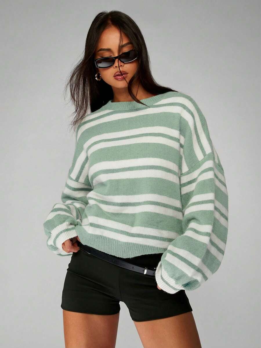 MISSGUIDED Oversized Boxy Striped Sweater Pullover Casual Relaxed Fit Crew Neck Long Sleeve Knit Jumper Fall Winter Cozy - Green - View 1