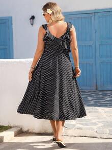 Vivid Eden 大码波点印花荷叶边下摆休闲度假连衣裙 - 黑與白 - 查看 2
