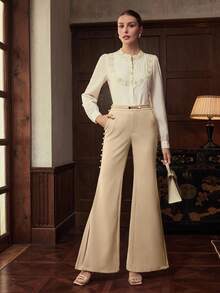 ZEYLAH Quần ống loe cài nút màu trơn cho nữ Niche Design - Màu be - Xem 5