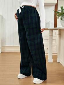 SHEIN Maternity Clothes Maternity Pants Summer Pregnant Clothes Maternity Casual Everyday Plaid Wide-Leg Pants - Green - View 4