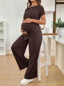 SHEIN 2pcs Maternity Set: Solid Color Asymmetric Ruched Hem T-Shirt And Adjustable Waist Casual Pants - Brown - View 7