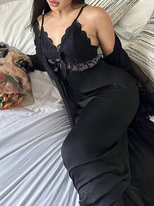 SHEIN Women 2 Pieces Set Ruffled Long Sleeve Top And Spaghetti Strap Dress Pajamas - Black - View 3