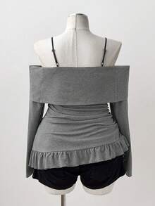 Sweetra Áo thun nữ cỡ lớn phối ren, xếp nếp, viền bèo - Xám - Xem 2