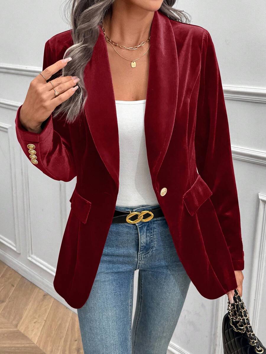 EMERY ROSE Women's Elegant Solid Color Velvet Blazer - Red - View 1