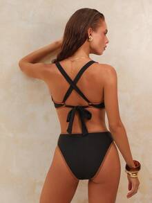 Swim Chiccia 女士镂空性感连体泳衣，可调节交叉后背带，适合海滩、泳池、派对、度假、春夏穿着 - 黑色 - 查看 2