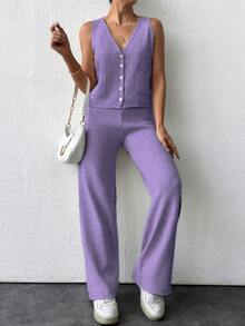 EURMUSE 2pcs Knitted Solid V-Neck Button Front Vest And Pants Sweater Set - Lilac Purple - View 4