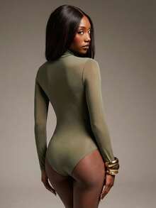 Hauture Fall Sexy Mob Wife Party Stretch Sheer High Neck Collared Extra Long Sleeve Bodysuit - Army Green - View 5