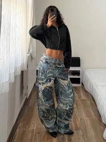 StreetHx Women's Fashion Casual Street Graffiti Low Waist Loose Flared Leg Jeans