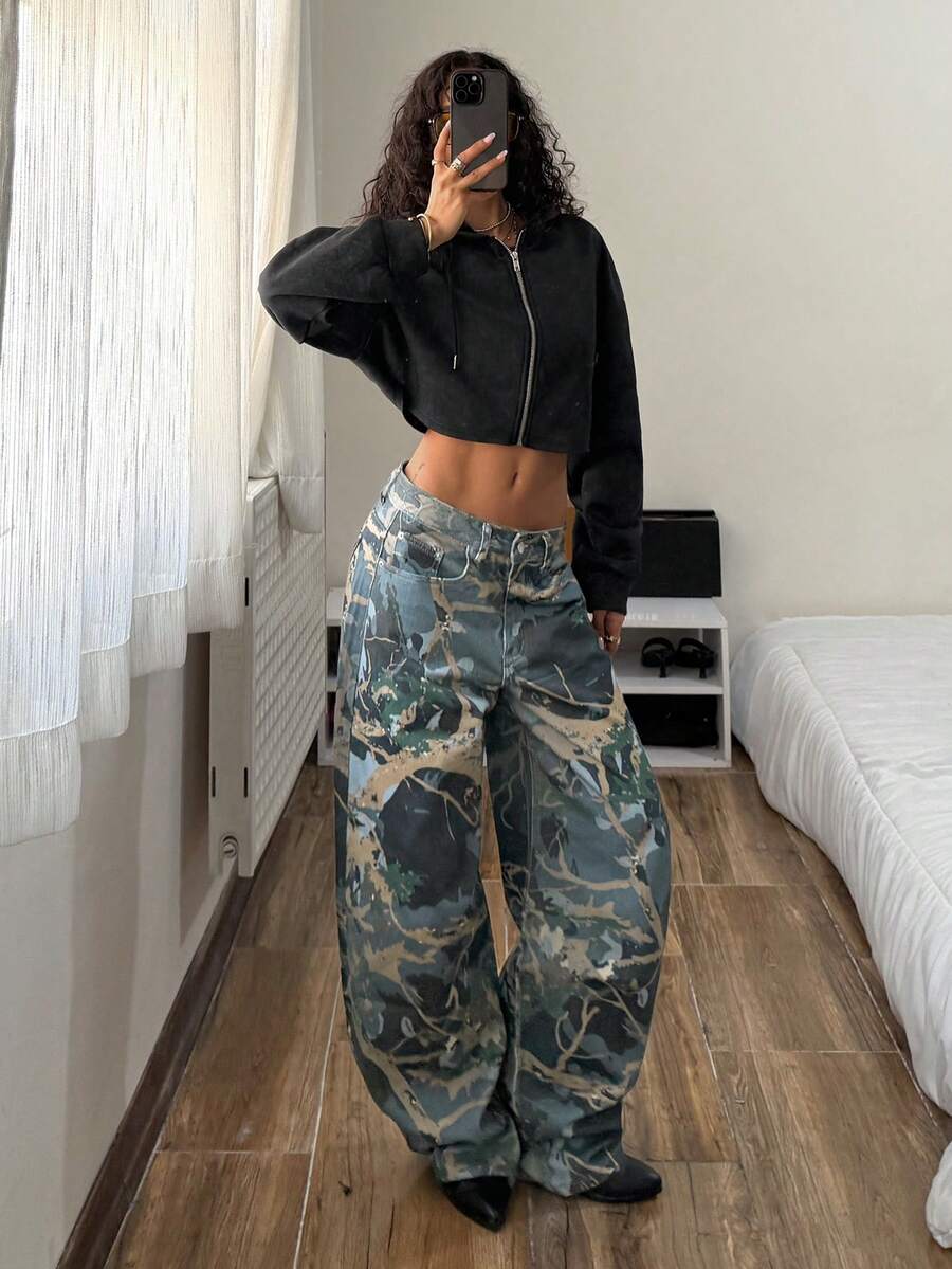 StreetHx Women's Fashion Casual Street Graffiti Low Waist Loose Flared Leg Jeans