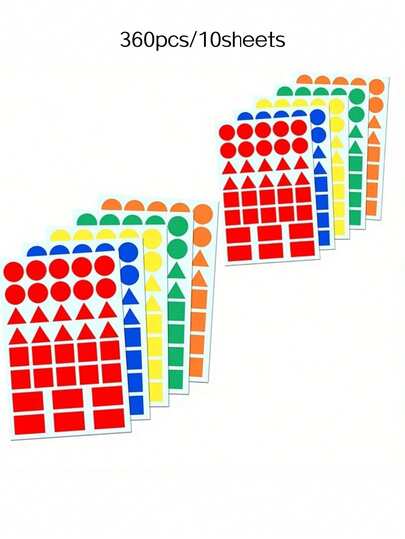 360 piezas, 10 hojas de pegatinas de formas de colores autoadhesivas e impermeables - círculo, triángulo, cuadrado, rectángulo en 5 colores para la escuela, la oficina y la organización del hogar