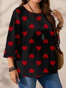 Mellowie 大码女式浪漫休闲爱心印花宽松圆领七分袖衬衫，情人节爱心衬衫，情人节礼物 - 黑色 - 查看 5