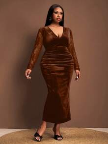 Veslaya Plus Size Women Contrast Lace V-Neck Ruched Fitted Elegant Dress, Long Sleeve - Brown - View 4