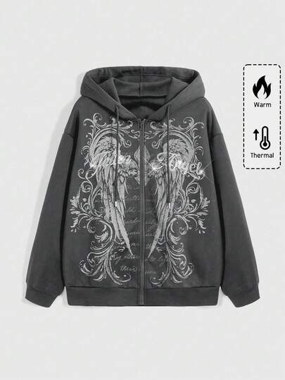 Fairycore بلوزة بياقة مستديرة مطبوعة بطبعة جناح وشوك مرصعة بالراين للنساء ذوات الحجم الكبير، متناسقة مع كل الملابس