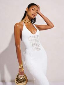 COSMINA Đầm midi nữ thanh lịch, móc len, cổ chữ V sâu, thích hợp cho kỳ nghỉ. - trắng - Xem 4