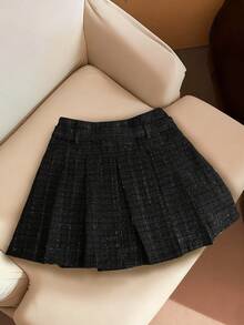 Franclia Petite Falda negra de otoño elegante de cintura alta con línea A y pliegues con cinturón & hebilla, falda escolar de lana, falda mini de moda para volver a la escuela, para mujeres de talla pequeña - Negro - Ver 2