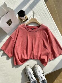 Comfortcana Spring Cotton Washed Snow Flake Print Plus Size Red Short Sleeve T-Shirt - Red - View 6