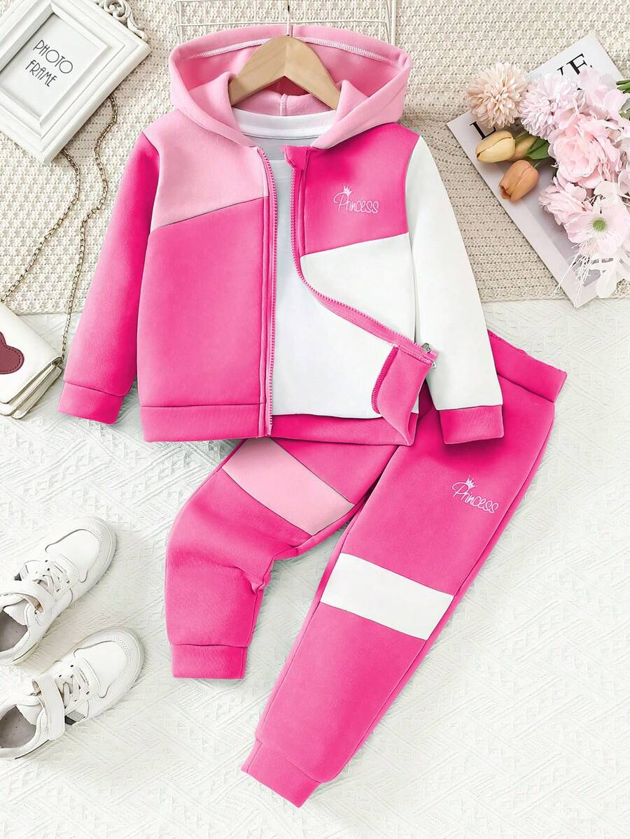 2件組女童幼兒對比色塊連帽拉鍊運動衫與抽繩長褲套裝,秋冬款 - 玫紅色 - 查看 1
