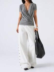 LYSMO 女士条纹深V领性感短袖背心 - 灰色 - 查看 5