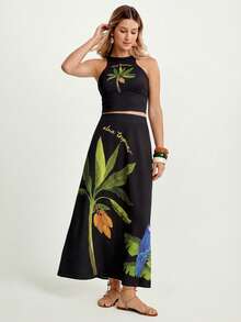 CAJUNI Chân váy midi cạp cao có túi in họa tiết cây nhiệt đới dành cho nữ, thích hợp cho kỳ nghỉ. - màu đen - Xem 6