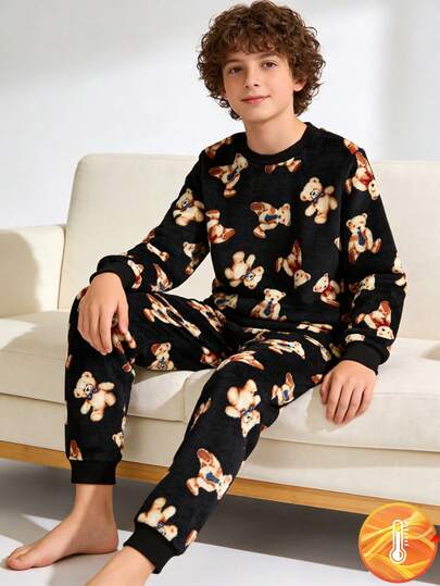 Tween Boys Flannel Loungewear Set - Black Teddy Bear Pattern Flannel Loungewear 2-Piece Set Teddy Bear Doll Pattern Design Black Brown White Teddy Bear Cute Color Round Neck Long Sleeve Teddy Bear Top Flannel Pants Flannel Set 2-Piece Combo Social Media Style Cute 2026 New Year Holiday Essential Autumn Winter Tween Boys Teddy Bear Flannel Loungewear Set Long Sleeve Pajama Set Kids Pajama Set Bear Print Pajama Set Teddy Bear Print Pajamas Teddy Bear Two Piece Set Boys Lounge Set