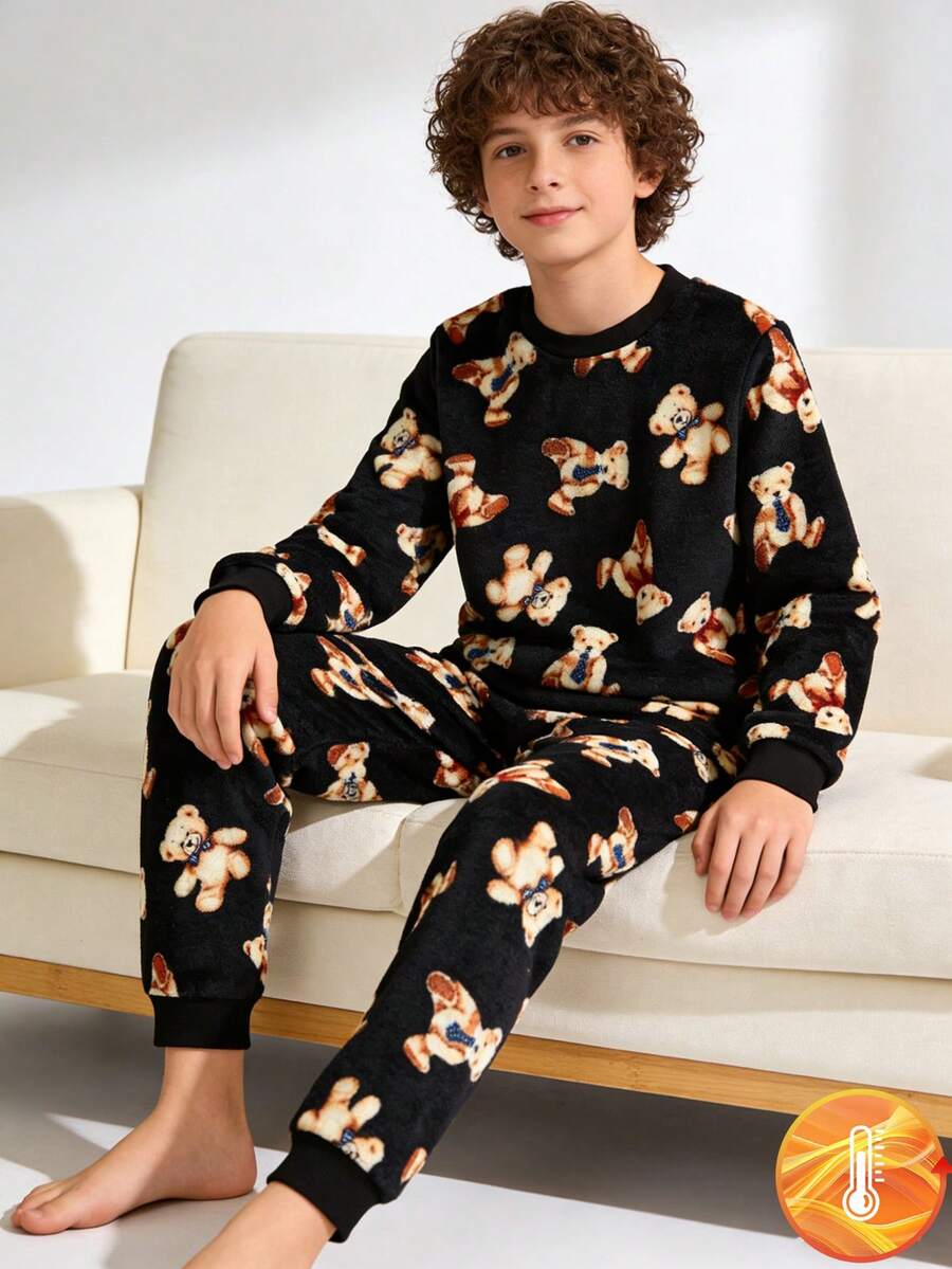 Tween Boys Flannel Loungewear Set,Black Polka Dot Autumn Cute Lounge 2-Piece Teddy Bear Pattern Round Neck Long Sleeve Top & Pants Kids Pajama Set - Black - View 1