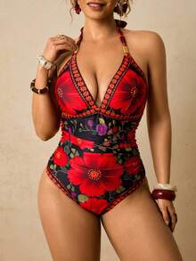 Travachic 大码休闲夏季热带沙滩彩色花卉印花V领性感连体泳衣（女款） - 黑色 - 查看 3