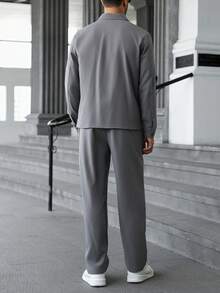 Manfinity CasualCool 男士休闲纯色拉链夹克和裤子套装男士两件套灰色服装男士，秋季服装，舒适服装 - 灰色 - 查看 2