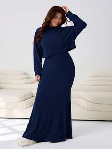 Solflare Conjunto Elegante Feminino de 2 Peças com Vestido Azul Marinho Sem Mangas e Jaqueta de Manga Longa, Outono/Inverno, Plus Size - Azul Marinho - Visão 4